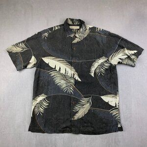 Tommy Bahama Mens Silk Camp Shirt Medium Gray Foliage Button Up Floral Hawaiian
